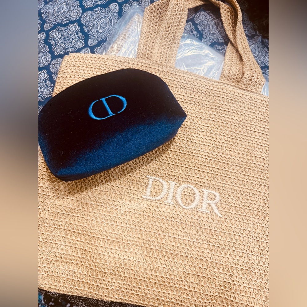 Dior Woven Tote Bag & Blue Cosmetic Pouch, Dior Beauty BUNDLE